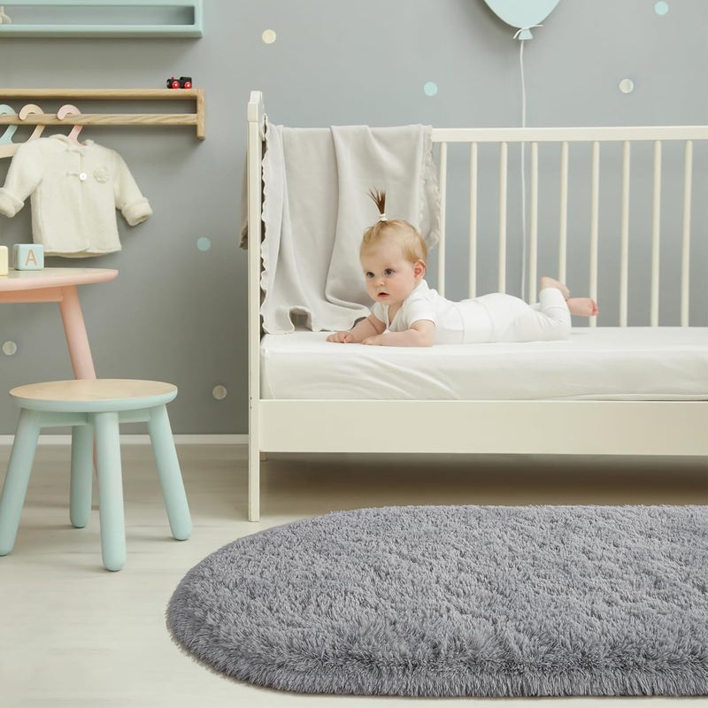 Softlife Fluffy Rugs for Bedroom, Shag Cute Area Rug for Girls and Kids Baby Room Home Decor, 2 x 5 Feet Oval Indoor Carpet for Nursery Dorm Living Room, Grey - Image 5